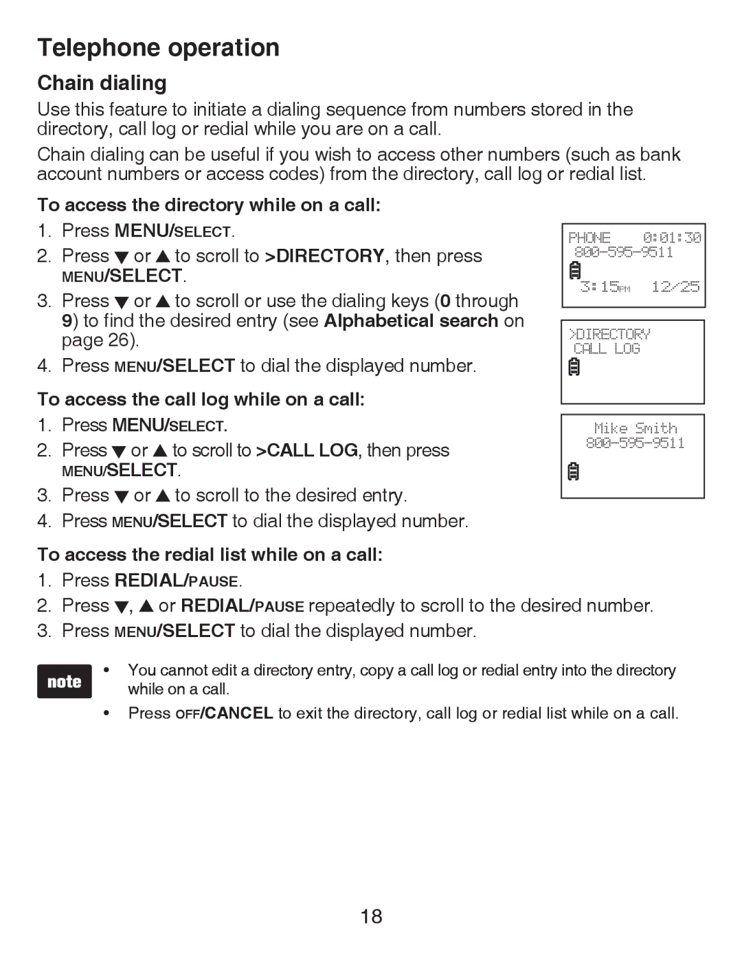 VTech CS6419-2 user manual Chain dialing, To access the directory while on a call, To access the call log while on a call 
