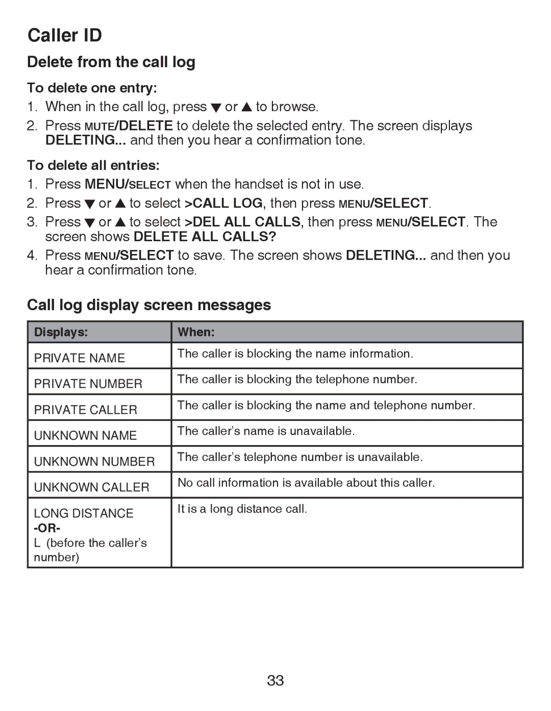 VTech CS6419 Delete from the call log, Call log display screen messages, To delete one entry, To delete all entries 