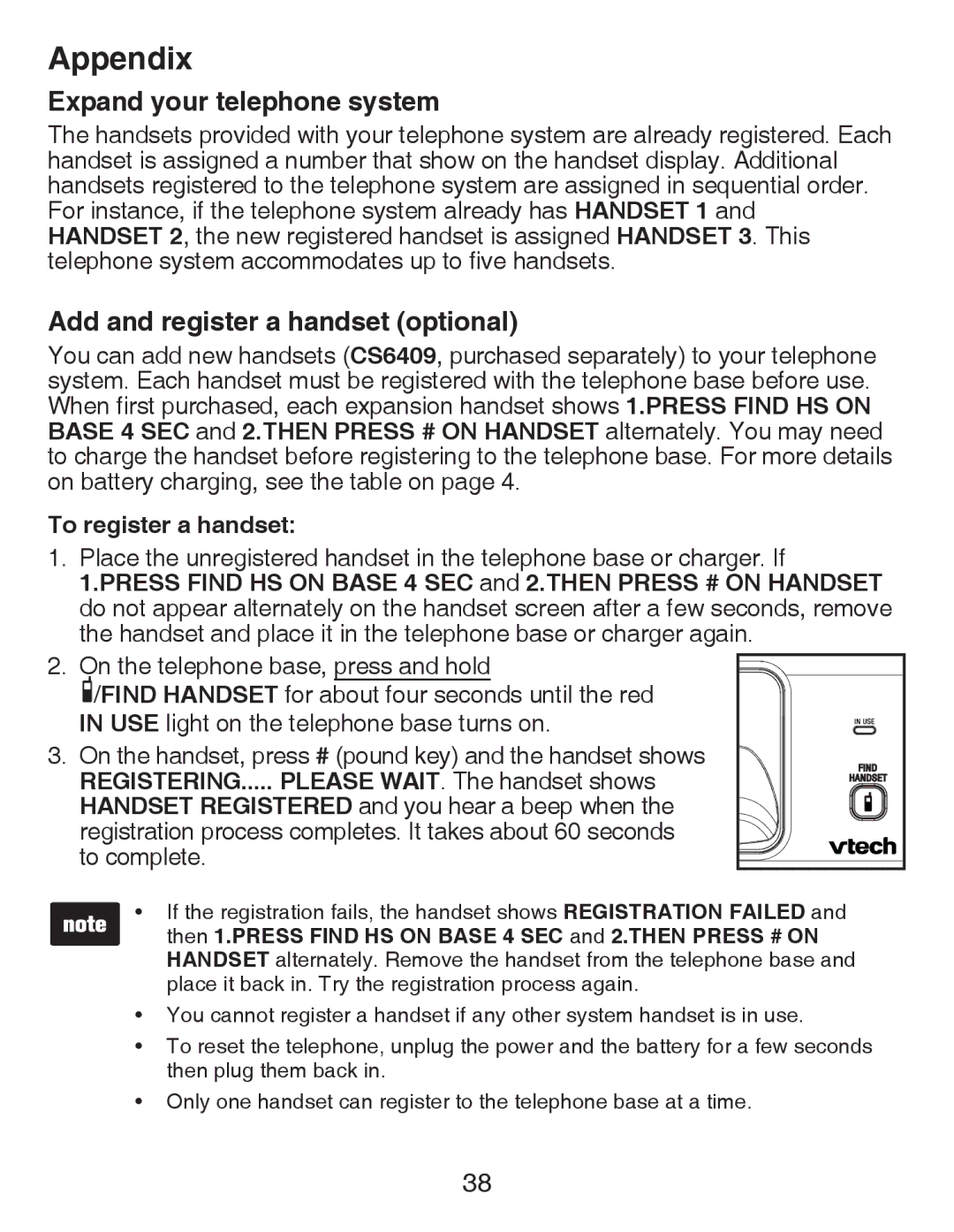 VTech CS6419-2 user manual Expand your telephone system, Add and register a handset optional, To register a handset 