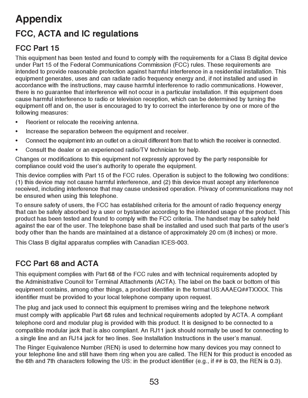 VTech CS6419-2 user manual FCC, Acta and IC regulations, FCC Part 68 and Acta 