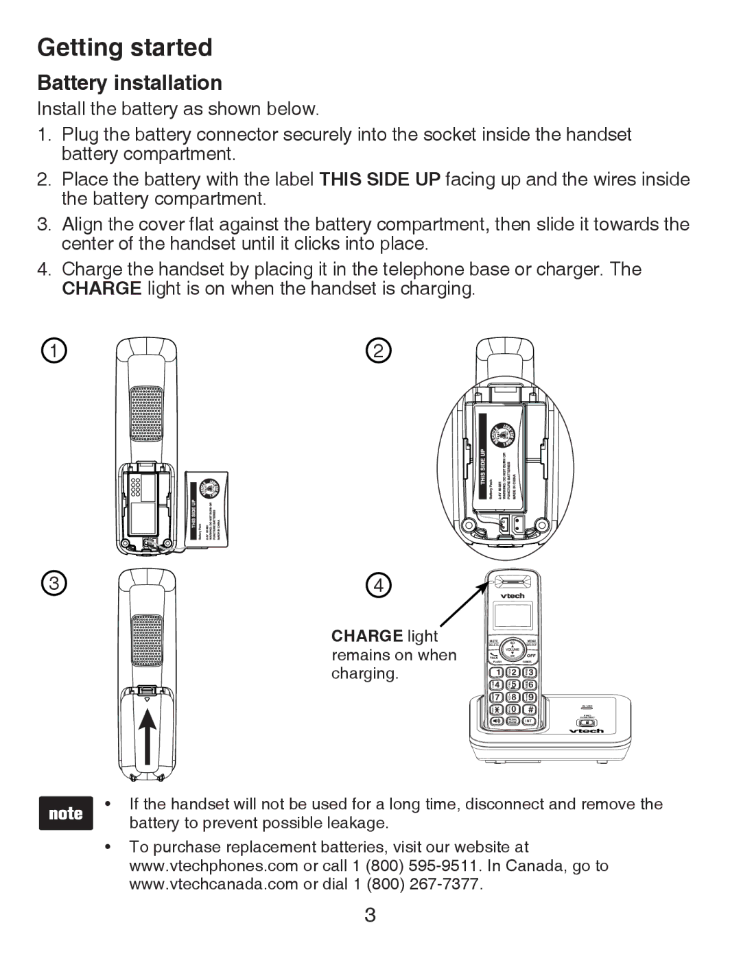 VTech CS6419-2 user manual Battery installation, Charge light remains on when charging 
