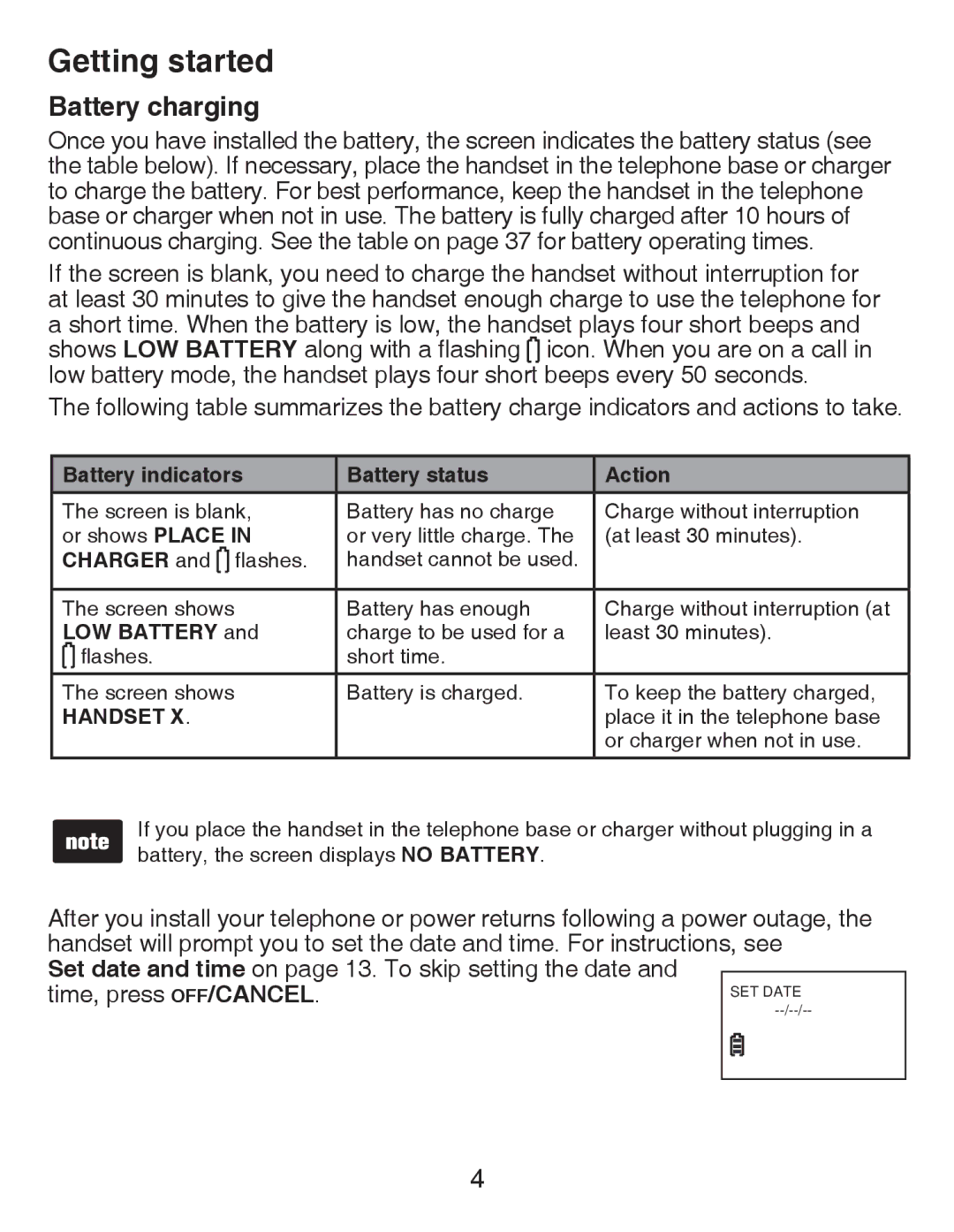 VTech CS6419-2 user manual Battery charging, Battery indicators Battery status Action, Charger, LOW Battery 