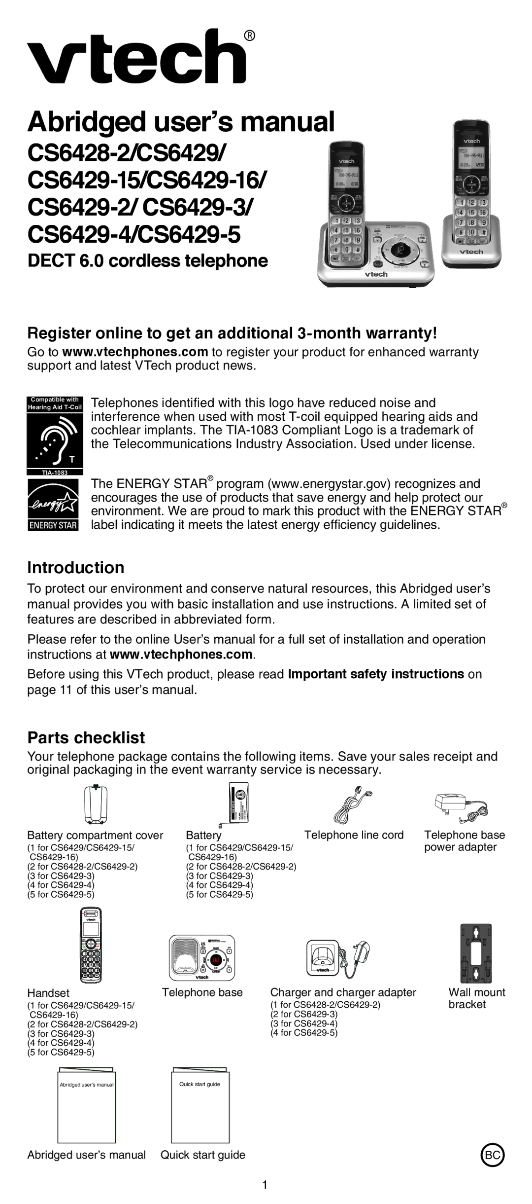 VTech CS6428-2, CS6429-3, CS6429-4, CS6429-2, CS6429-5, CS6429-15 user manual Abridged user’s manual, Parts checklist 