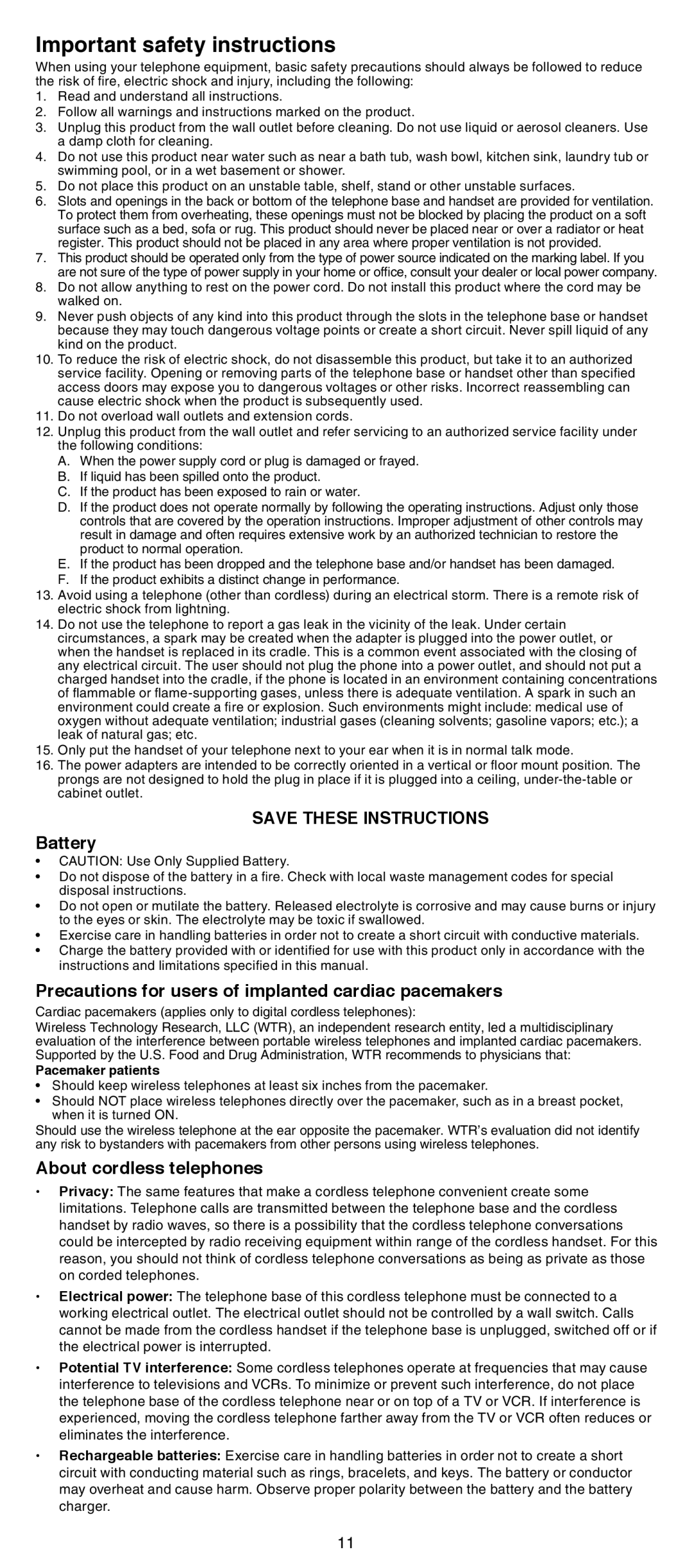 VTech CS6429-3, CS6428-2 Important safety instructions, Battery, Precautions for users of implanted cardiac pacemakers 