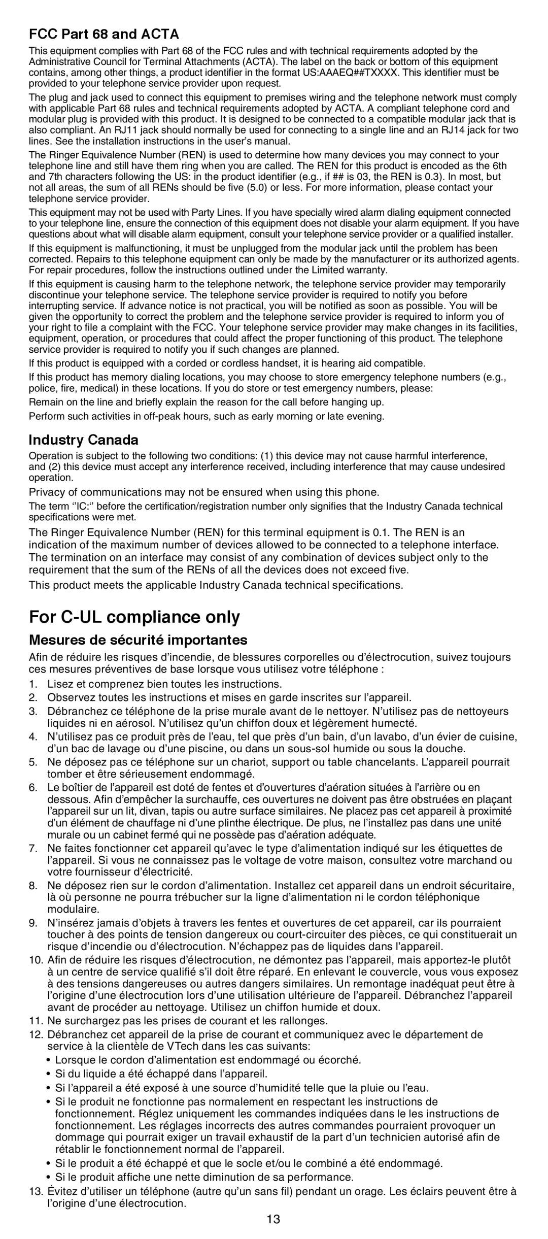 VTech CS6429-5, CS6429-3, CS6428-2, CS6429-4, CS6429-2 FCC Part 68 and Acta, Industry Canada, Mesures de sécurité importantes 