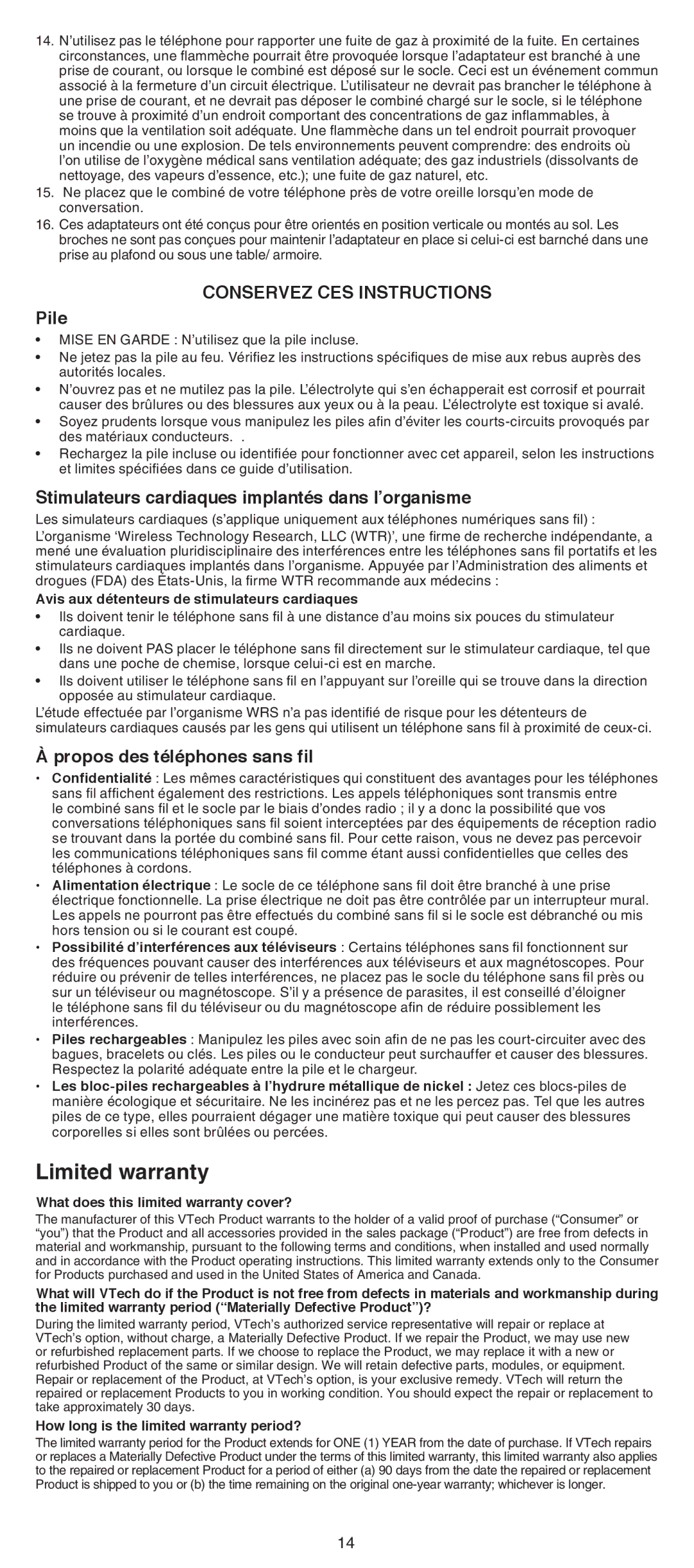 VTech CS6429-15 Limited warranty, Pile, Stimulateurs cardiaques implantés dans l’organisme, Propos des téléphones sans fil 