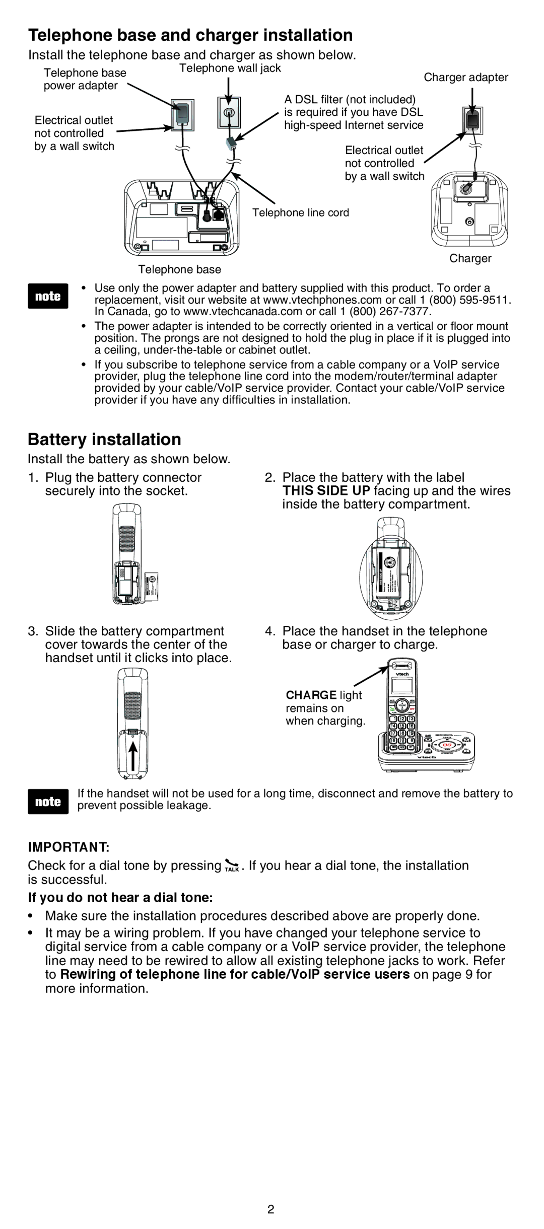 VTech CS6429-4, CS6429-3 Telephone base and charger installation, Battery installation, If you do not hear a dial tone 