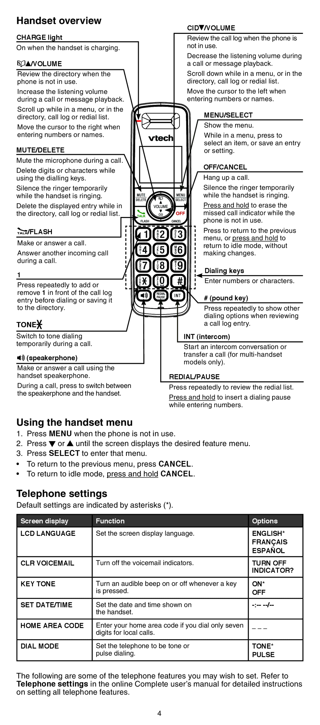 VTech CS6429-2, CS6429-3, CS6428-2, CS6429-4, CS6429-5, CS6429-15 Handset overview, Using the handset menu, Telephone settings 