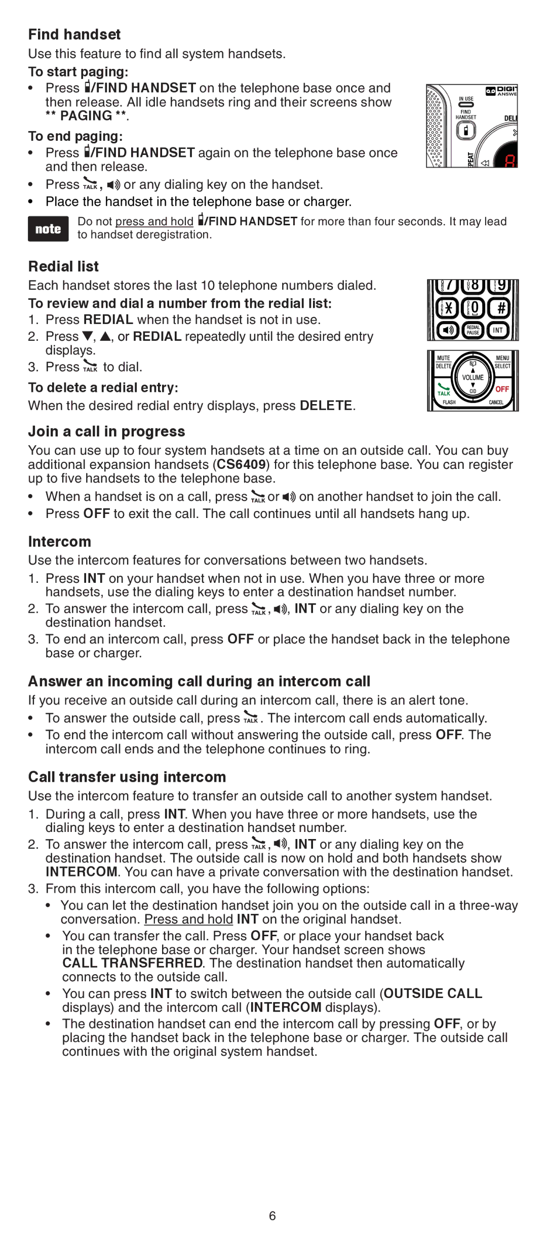 VTech CS6429-15, CS6429-3 Find handset, Redial list, Join a call in progress, Intercom, Call transfer using intercom 