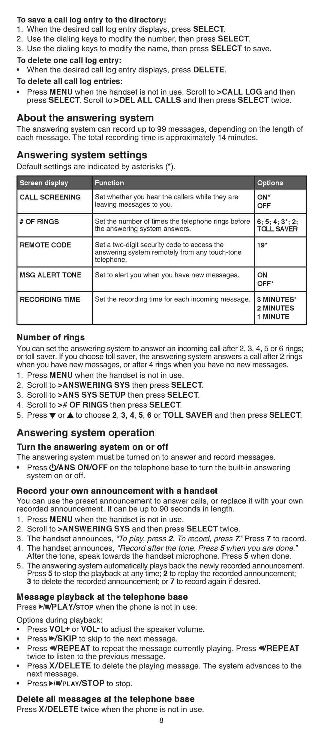 VTech CS6429-3, CS6428-2, CS6429-4 About the answering system, Answering system settings, Answering system operation 