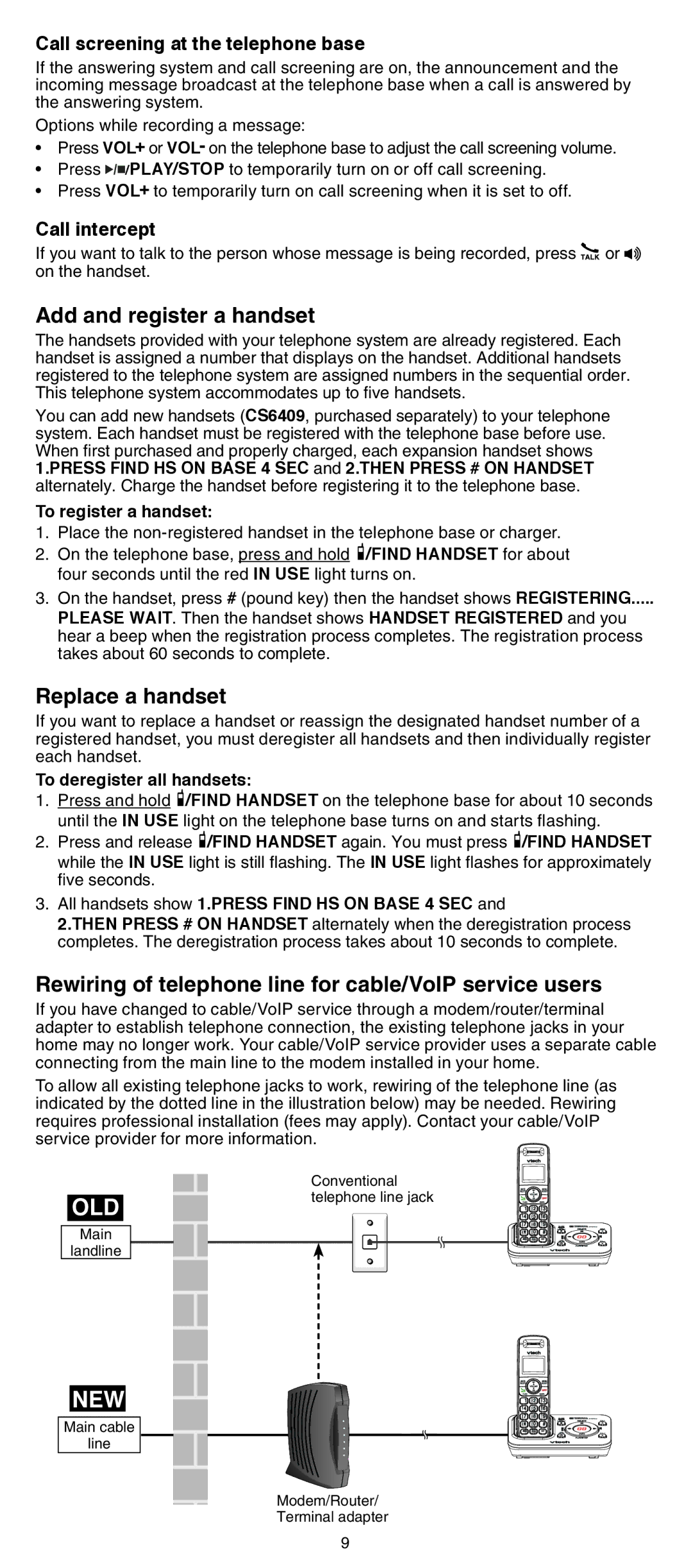 VTech CS6428-2 Add and register a handset, Replace a handset, Rewiring of telephone line for cable/VoIP service users 