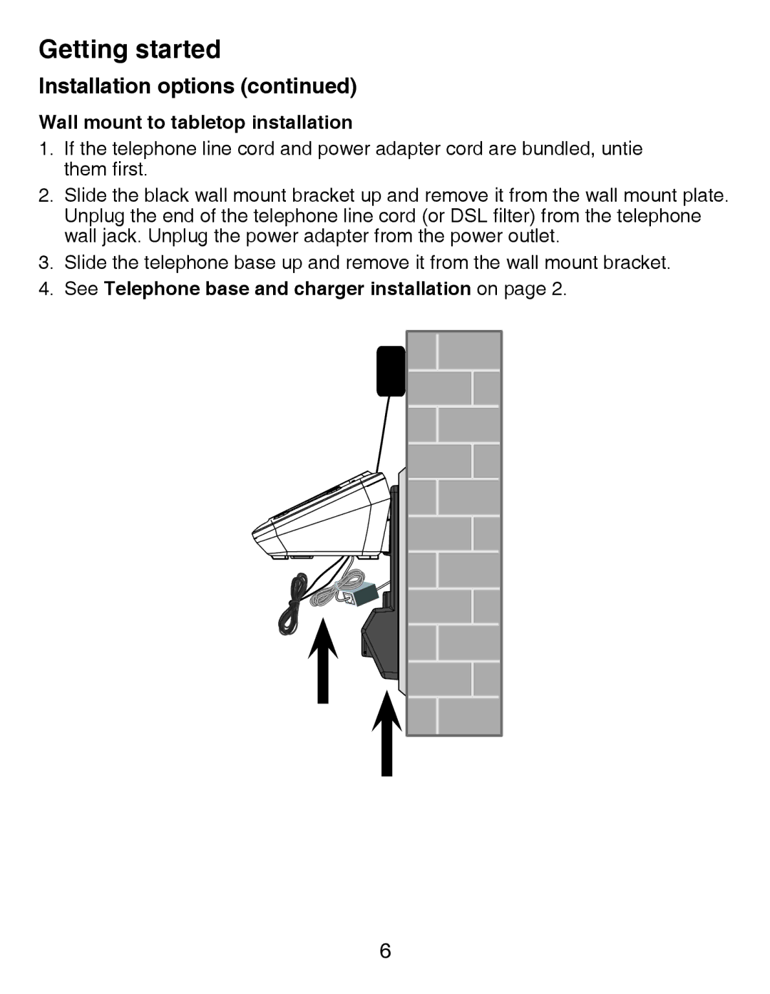 VTech CS6429-2, CS6429-3, CS6428-2 Wall mount to tabletop installation, See Telephone base and charger installation on 