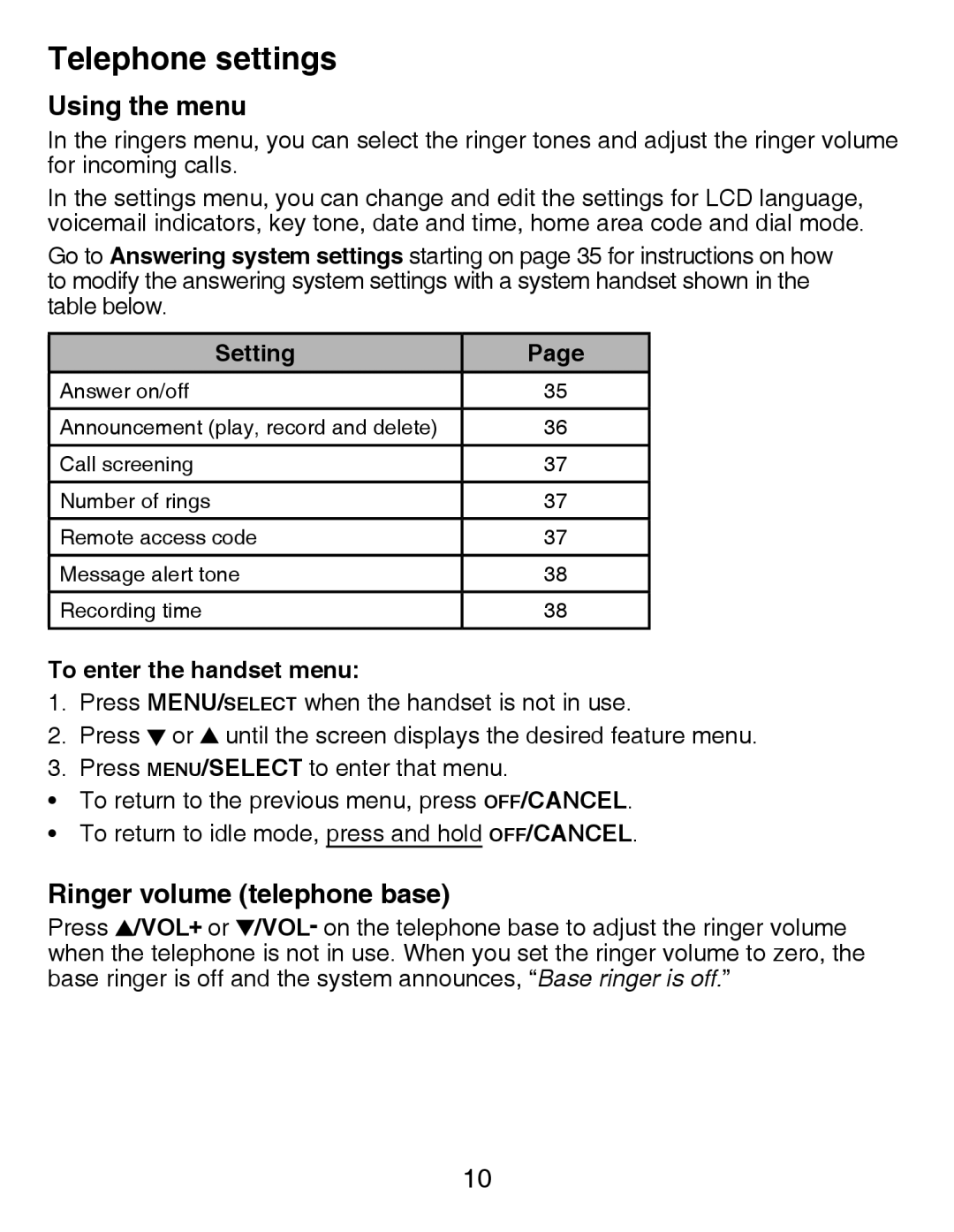 VTech CS6429-4 Telephone settings, Using the menu, Ringer volume telephone base, Setting, To enter the handset menu 