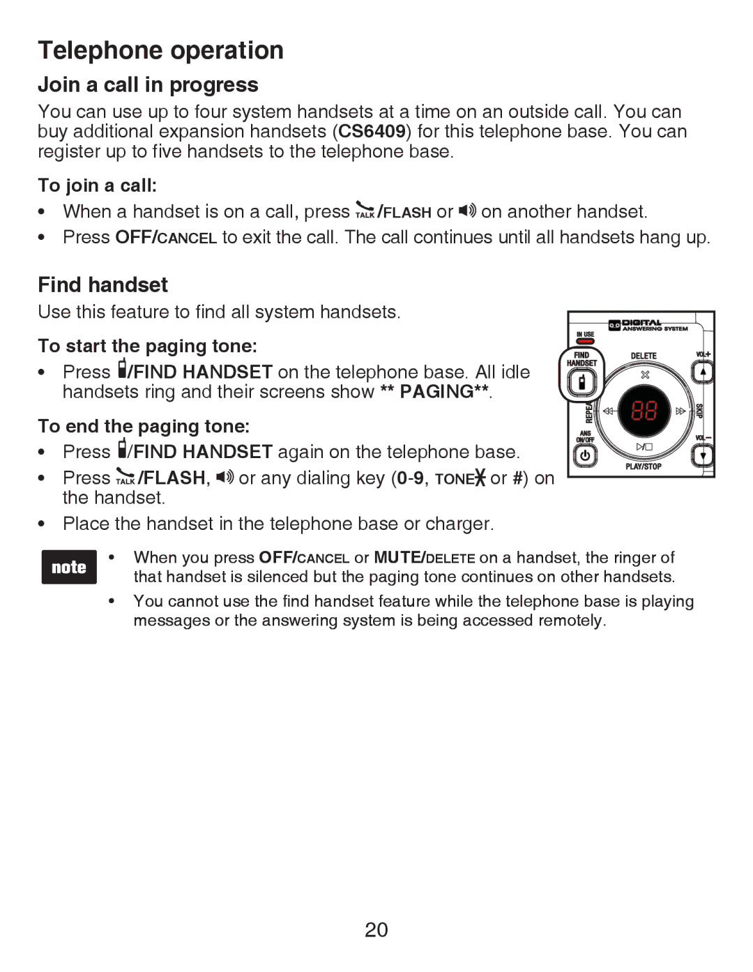 VTech CS6429-3 Join a call in progress, Find handset, To join a call, To start the paging tone, To end the paging tone 