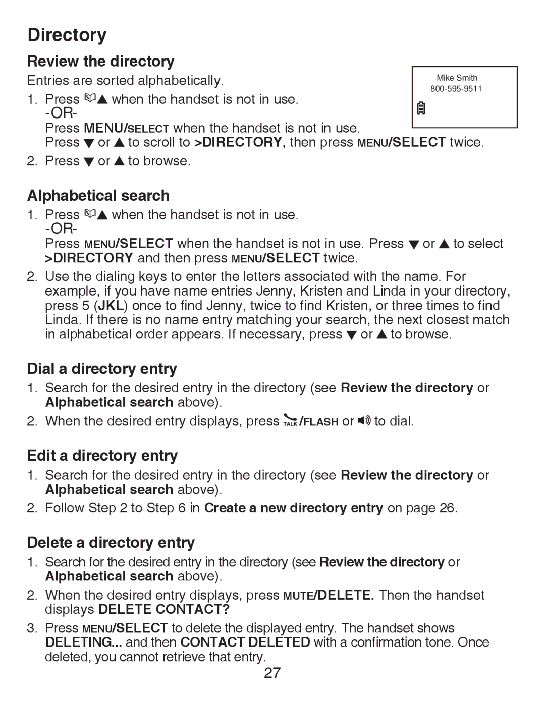 VTech CS6428-2, CS6429-3 Review the directory, Alphabetical search, Dial a directory entry, Edit a directory entry 