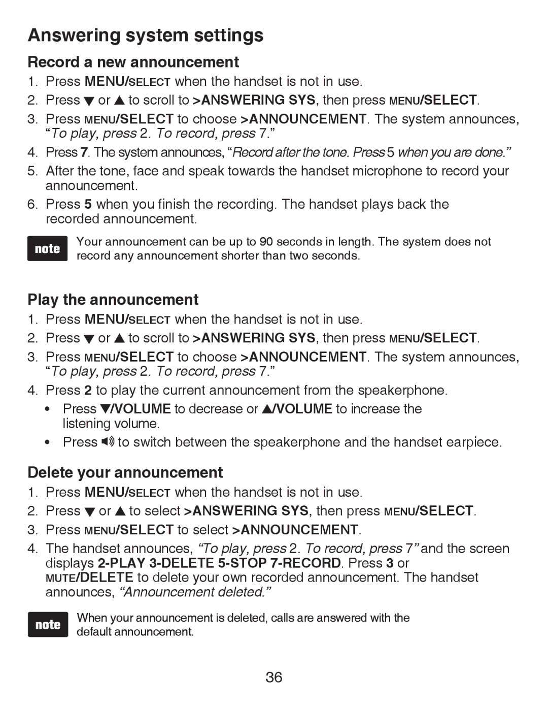 VTech CS6429-2, CS6429-3, CS6428-2, CS6429-4 Record a new announcement, Play the announcement, Delete your announcement 