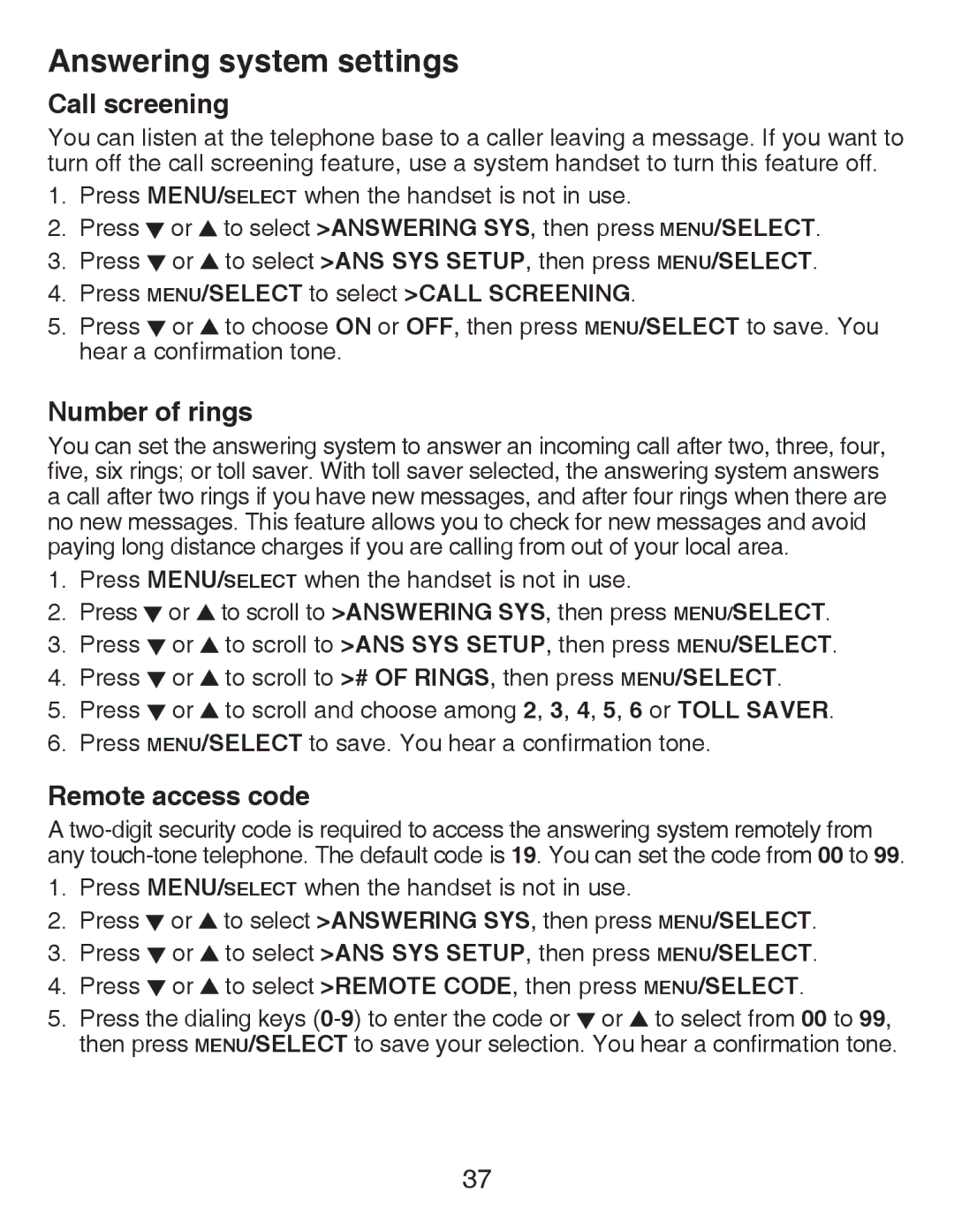 VTech CS6429-5, CS6429-3 Call screening, Number of rings, Remote access code, Press MENU/SELECT to select Call Screening 