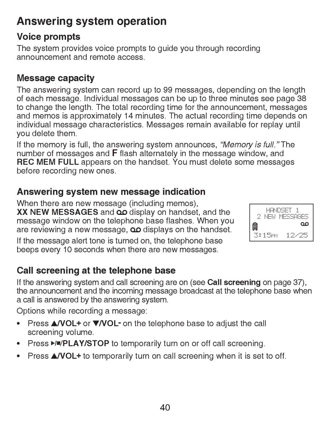 VTech CS6429-4, CS6429-3, CS6428-2, CS6429-2 Voice prompts, Message capacity, Answering system new message indication 