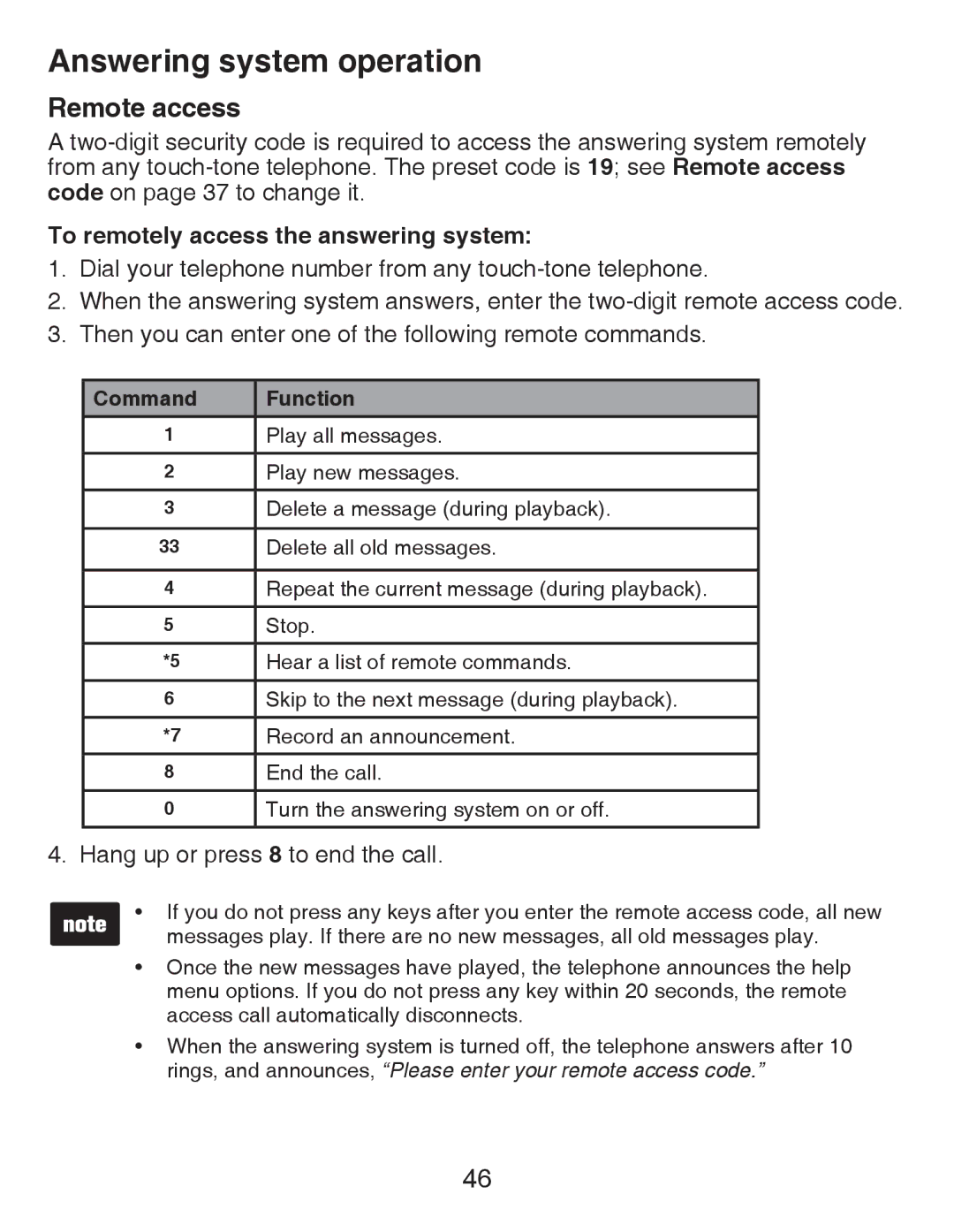 VTech CS6429-4, CS6429-3, CS6428-2, CS6429-2, CS6429-5 Remote access, To remotely access the answering system, Command 