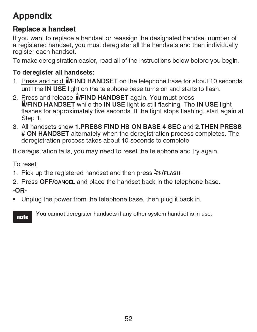 VTech CS6429-4, CS6429-3, CS6428-2, CS6429-2, CS6429-5 user manual Replace a handset, To deregister all handsets 