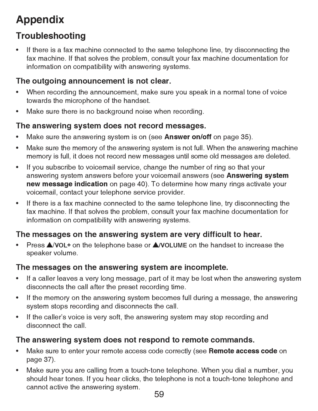 VTech CS6429-3, CS6428-2, CS6429-4 Outgoing announcement is not clear, Answering system does not record messages 