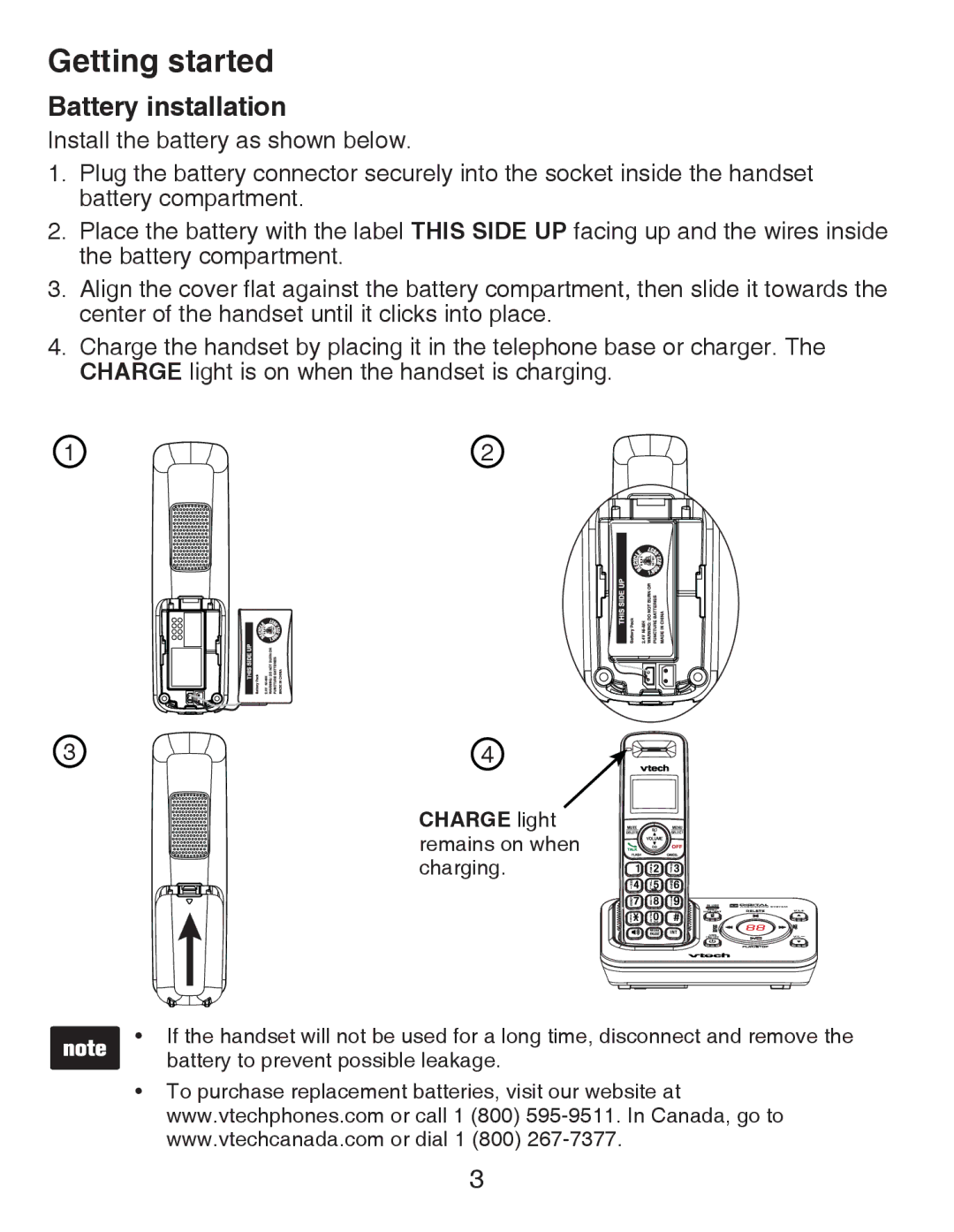 VTech CS6428-2, CS6429-3, CS6429-4, CS6429-2, CS6429-5 user manual Battery installation, Charge light remains on when charging 