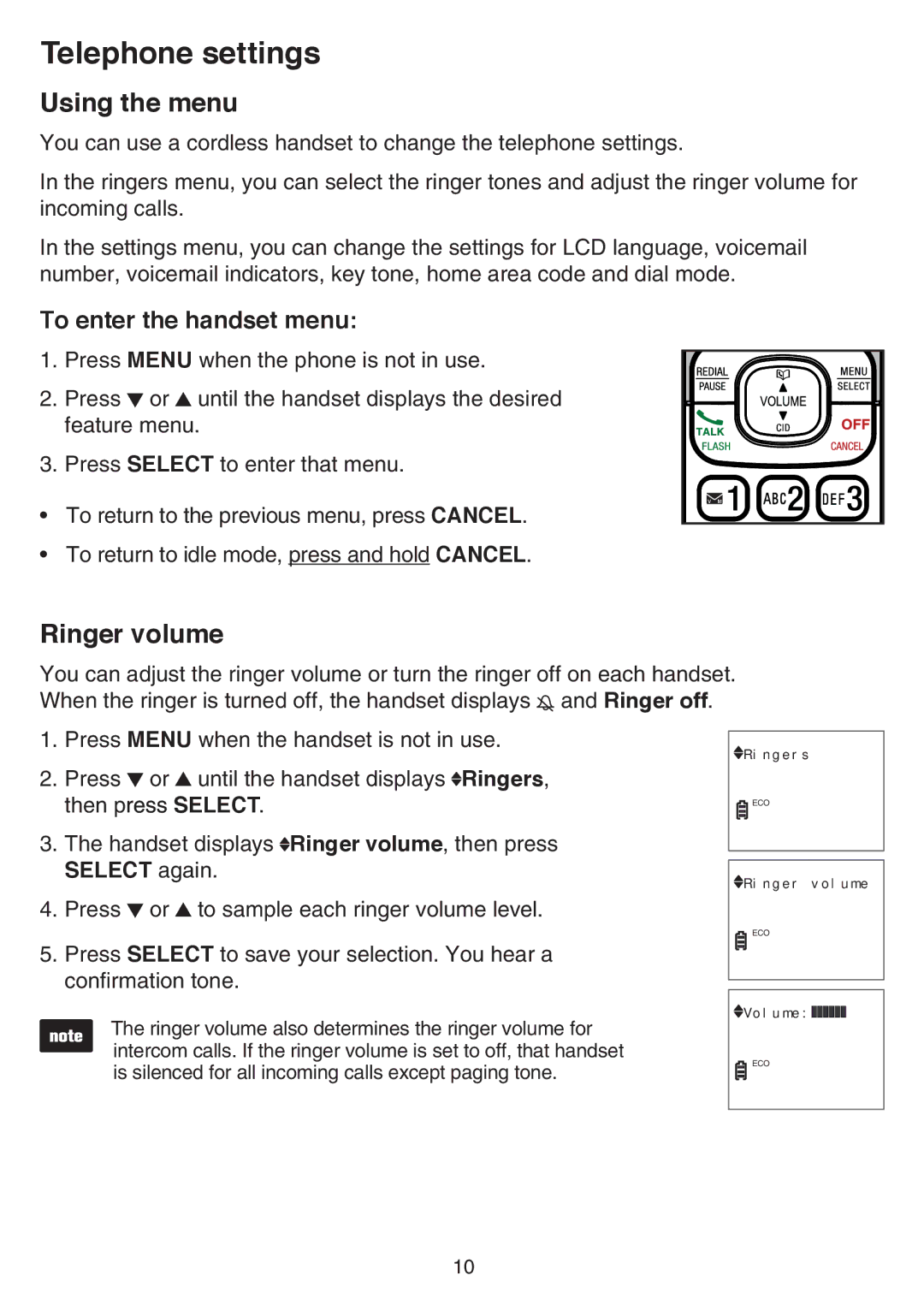 VTech CS6519-2, CS6519-14 Telephone settings, Using the menu, Ringer volume, To enter the handset menu, Select again 