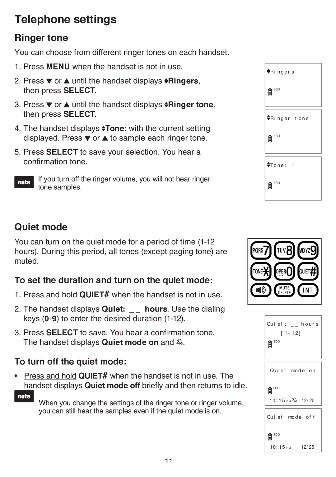 VTech CS6519-14 Ringer tone, Quiet mode, To set the duration and turn on the quiet mode, To turn off the quiet mode 