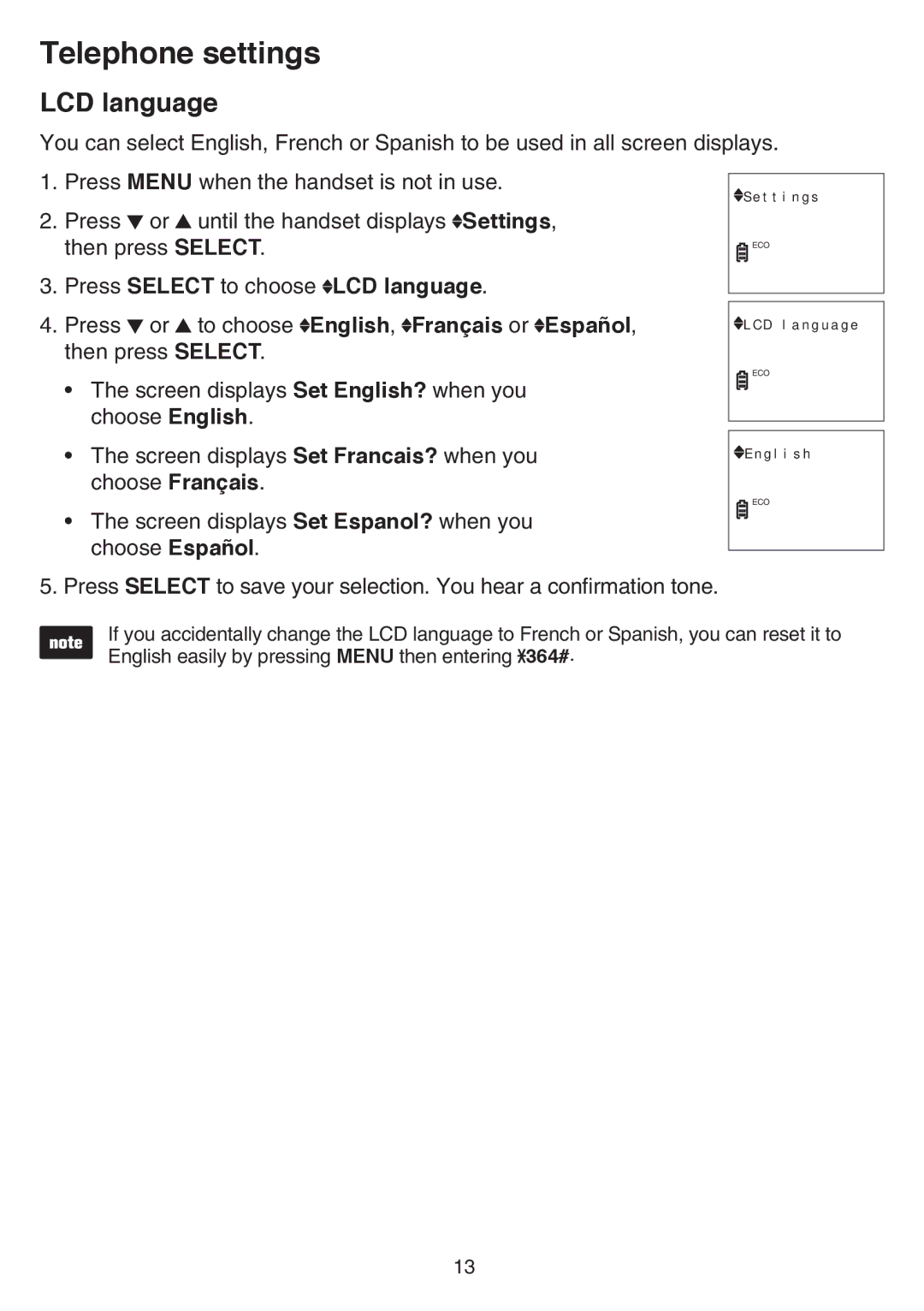 VTech CS6519-17, CS6519-2, CS6519-14, CS6519-16, CS6519-15, CS6519-19 user manual Press Select to choose LCD language 