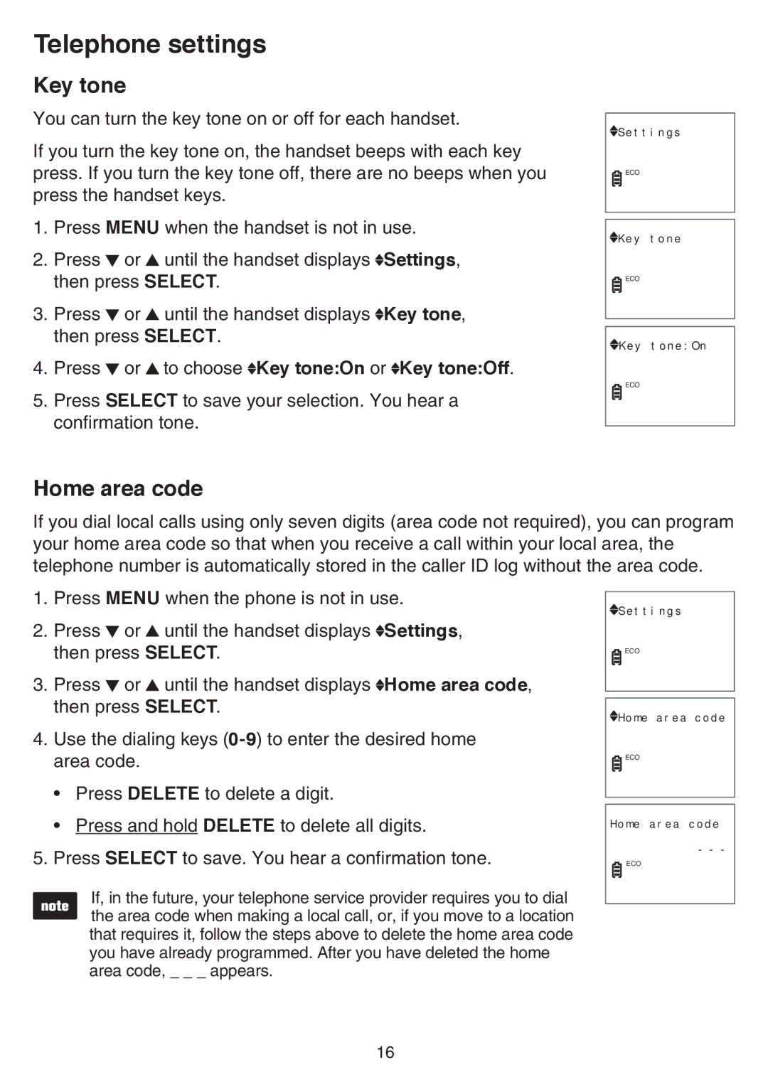 VTech CS6519-19, CS6519-2, CS6519-14, CS6519-17, CS6519-16, CS6519-15 user manual Key tone, Home area code 