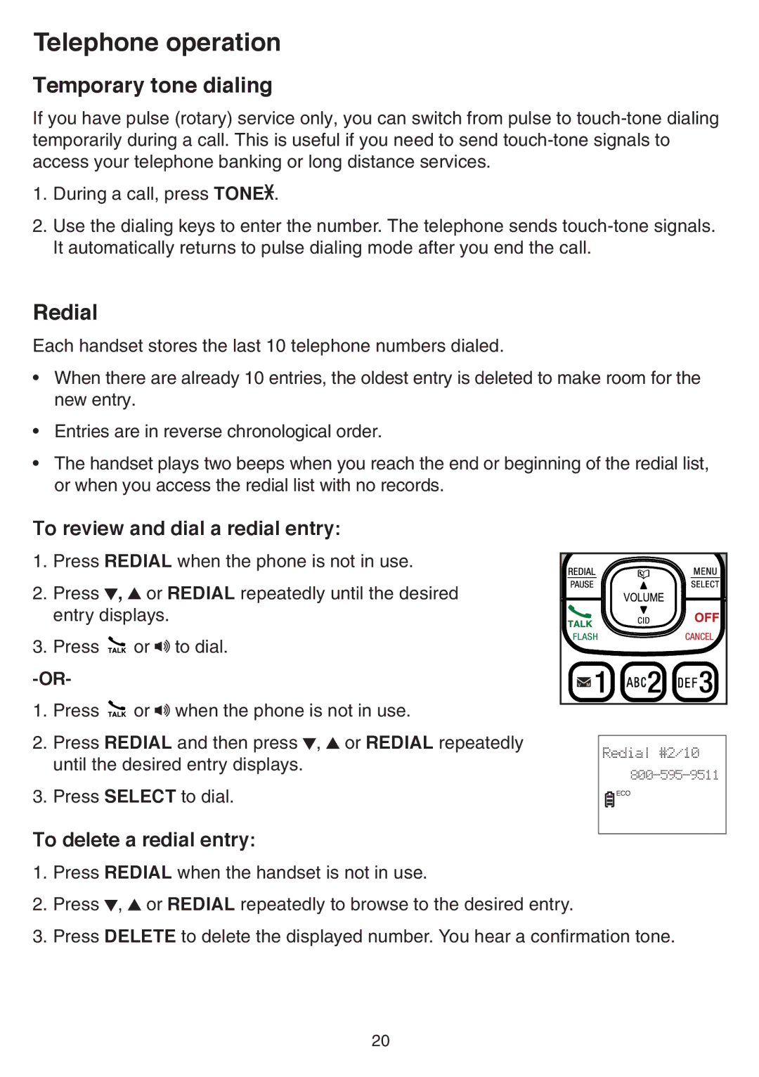 VTech CS6519-17, CS6519-2 Temporary tone dialing, Redial, To review and dial a redial entry, To delete a redial entry 