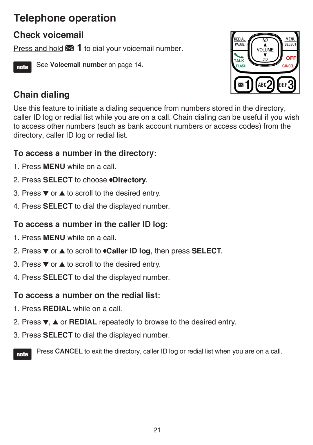 VTech CS6519-16 Check voicemail, Chain dialing, To access a number in the directory, To access a number on the redial list 