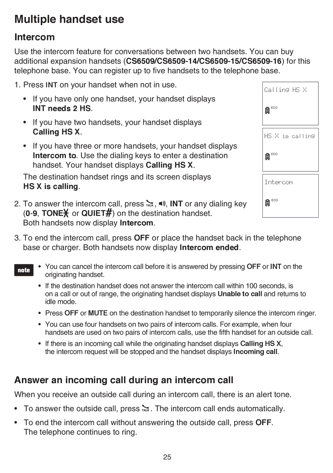 VTech CS6519-14, CS6519-2, CS6519-17 Intercom, Answer an incoming call during an intercom call, INT needs 2 HS, Calling HS 