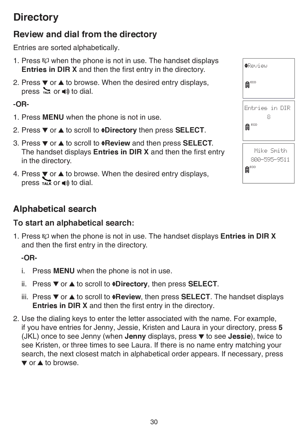 VTech CS6519-19, CS6519-2 Review and dial from the directory, Alphabetical search, To start an alphabetical search 