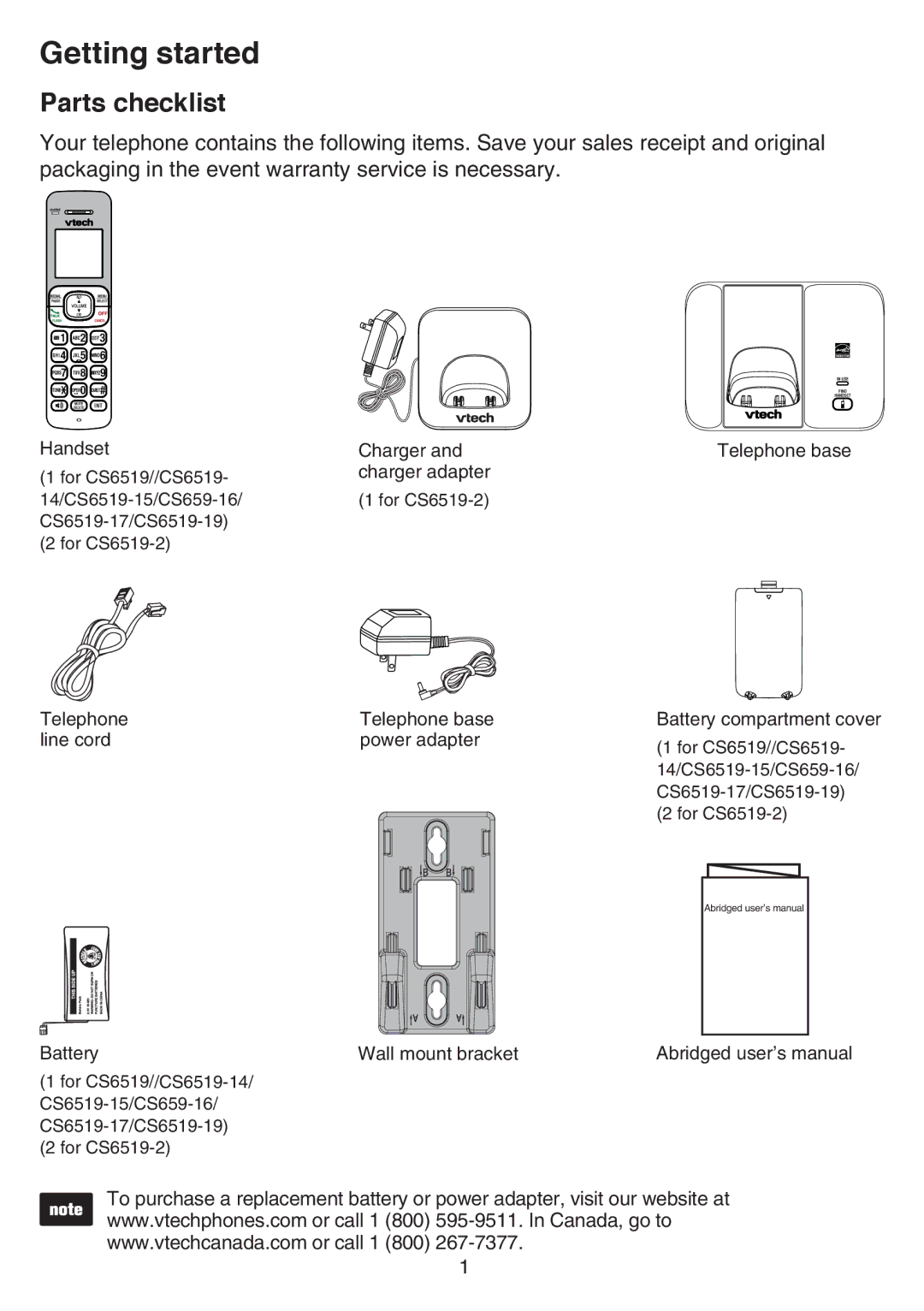 VTech CS6519-15, CS6519-2, CS6519-14, CS6519-17, CS6519-16, CS6519-19 user manual Getting started, Parts checklist 