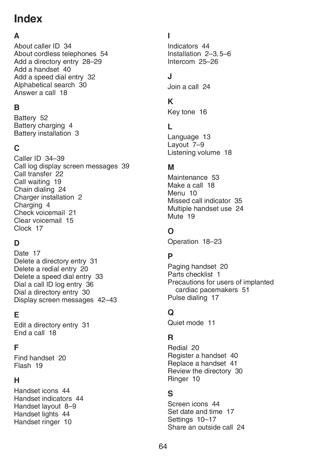 VTech CS6519-15, CS6519-2, CS6519-14, CS6519-17, CS6519-16, CS6519-19 user manual Index 