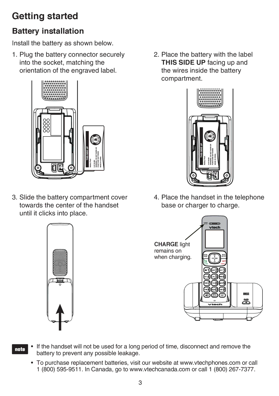 VTech CS6519-2, CS6519-14, CS6519-17, CS6519-16, CS6519-15, CS6519-19 user manual Battery installation 