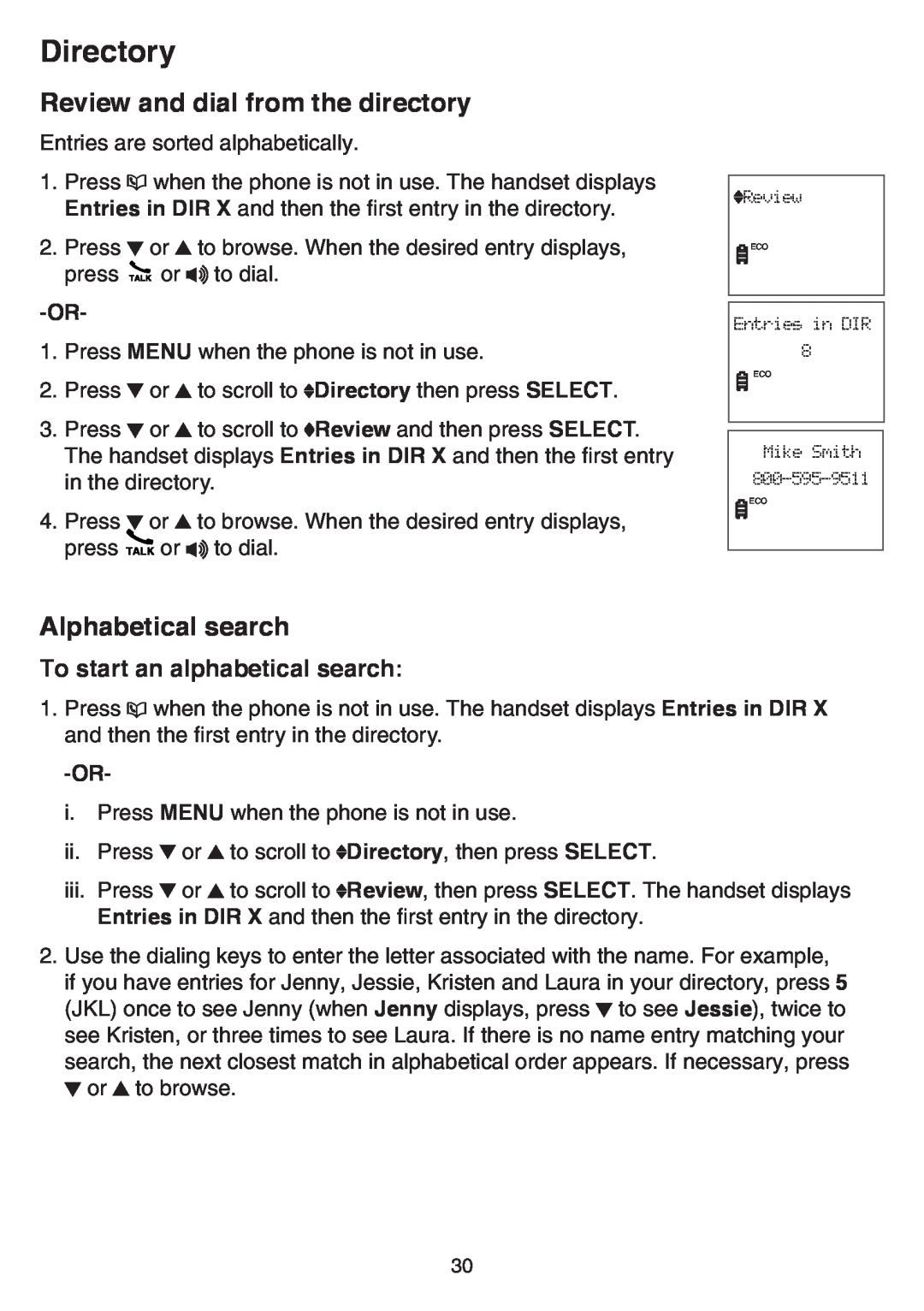 VTech CS6519-19 Review and dial from the directory, Alphabetical search, To start an alphabetical search, Directory 