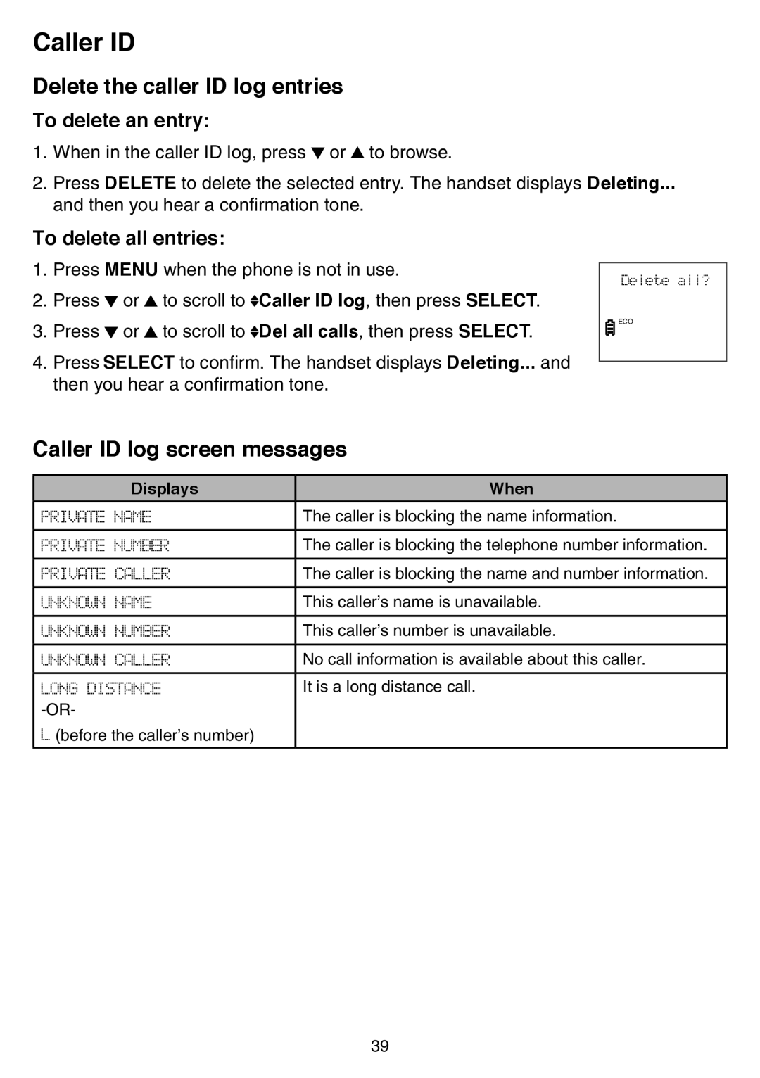 VTech CS6519-14 Delete the caller ID log entries, Caller ID log screen messages, To delete an entry, To delete all entries 