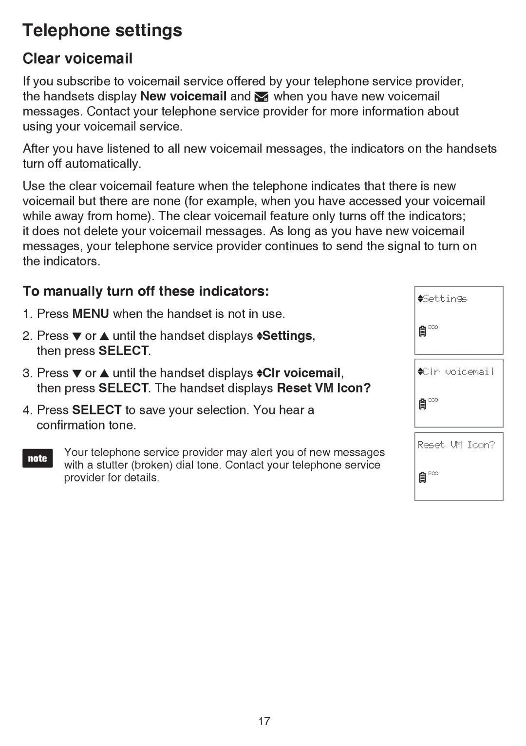 VTech CS6529-19, CS6529-4B, CS6529-3, CS6529-25, CS6529-17, CS6529-14 Clear voicemail, To manually turn off these indicators 