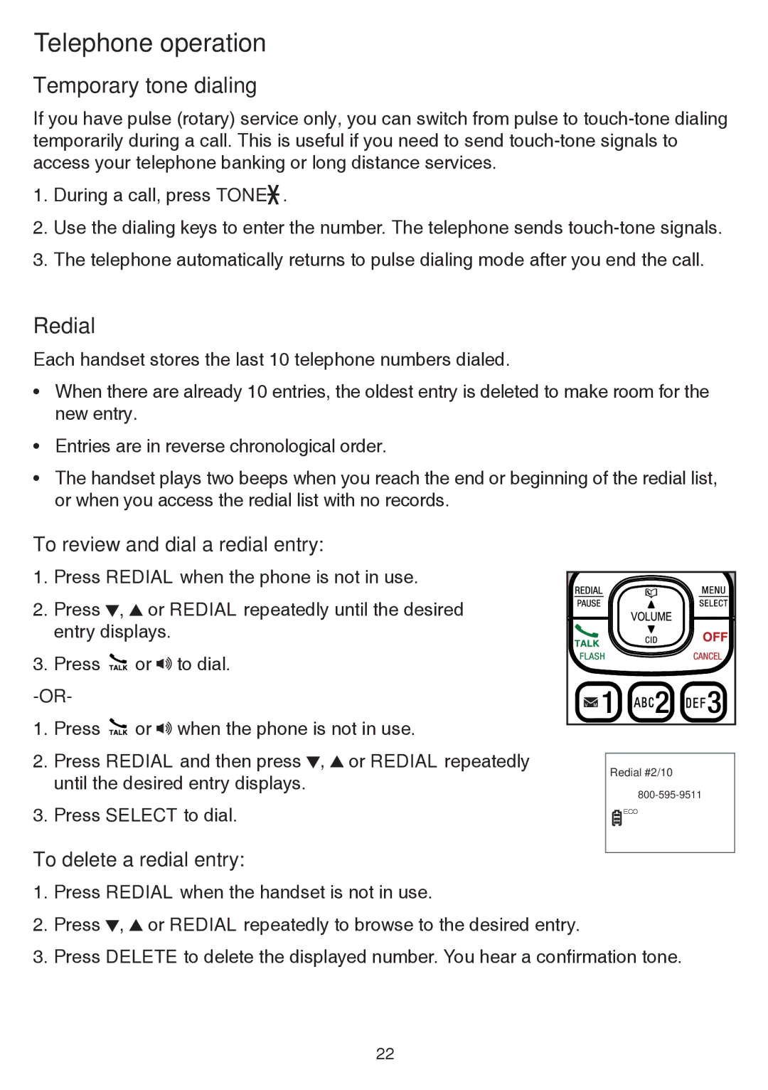 VTech CS6529-14, CS6529-4B Temporary tone dialing, Redial, To review and dial a redial entry, To delete a redial entry 