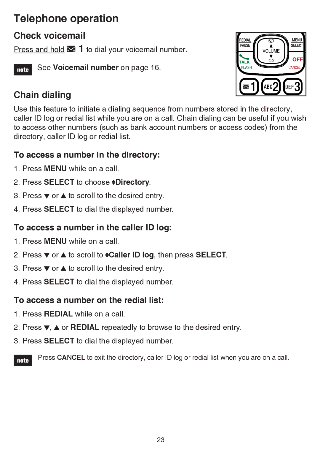 VTech CS6529 Check voicemail, Chain dialing, To access a number in the directory, To access a number in the caller ID log 