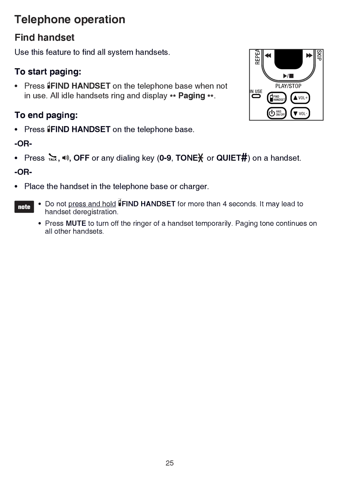 VTech CS6529-26, CS6529-4B, CS6529-3, CS6529-25, CS6529-17, CS6529-14, CS6529-16 Find handset, To start paging, To end paging 