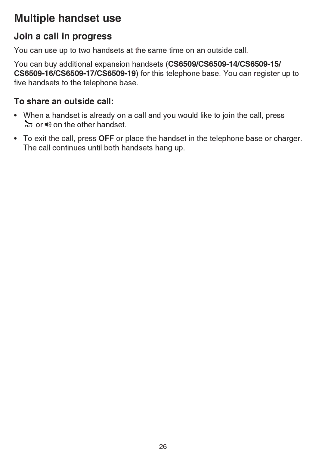 VTech CS6529-4B, CS6529-3, CS6529-25, CS6529-17 Multiple handset use, Join a call in progress, To share an outside call 