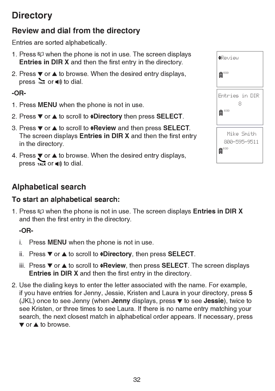 VTech CS6529-17, CS6529-4B Review and dial from the directory, Alphabetical search, To start an alphabetical search 