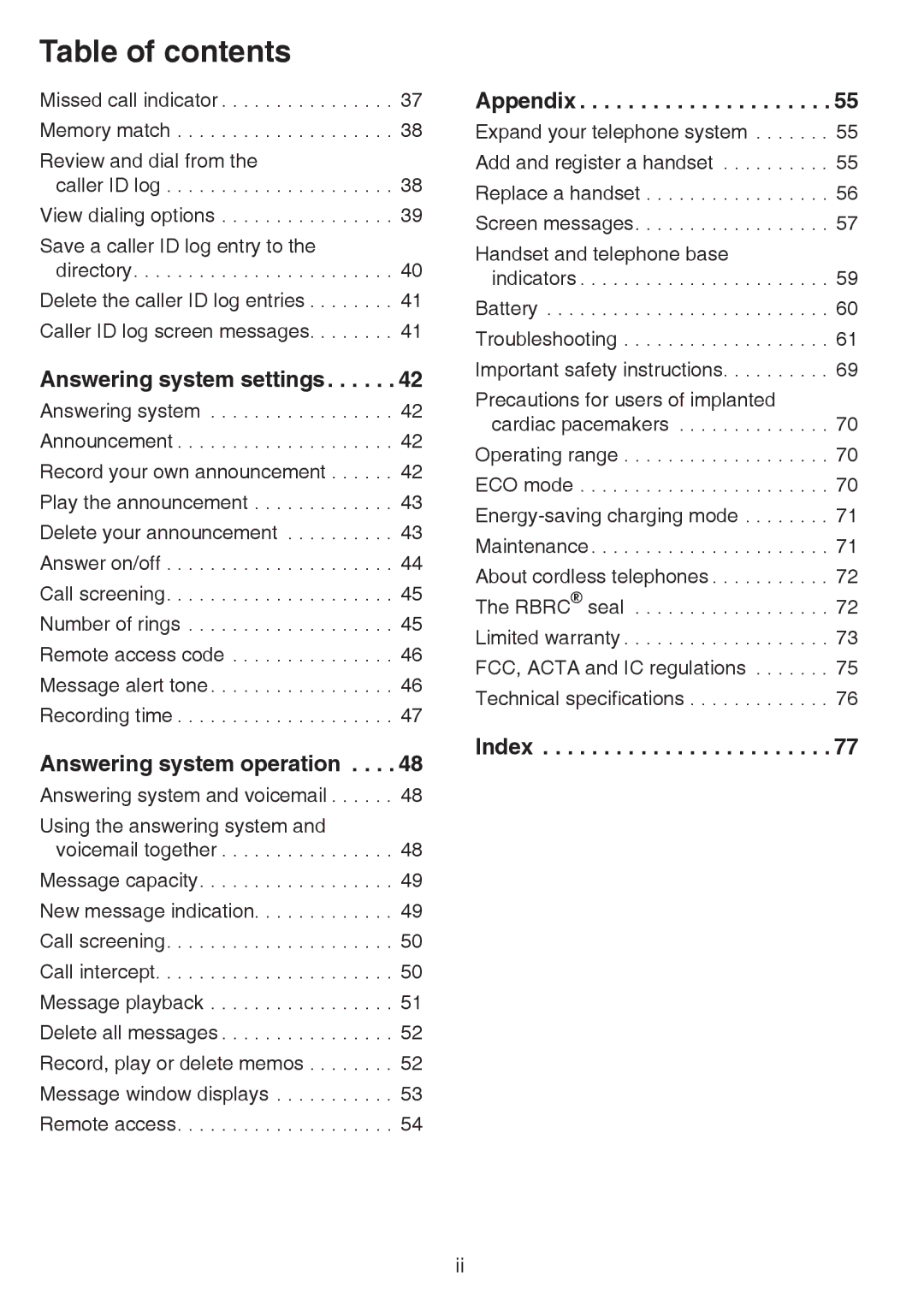 VTech CS6529-14, CS6529-4B, CS6529-3, CS6529-25 Answering system settings, Answering system operation, Appendix, Index 