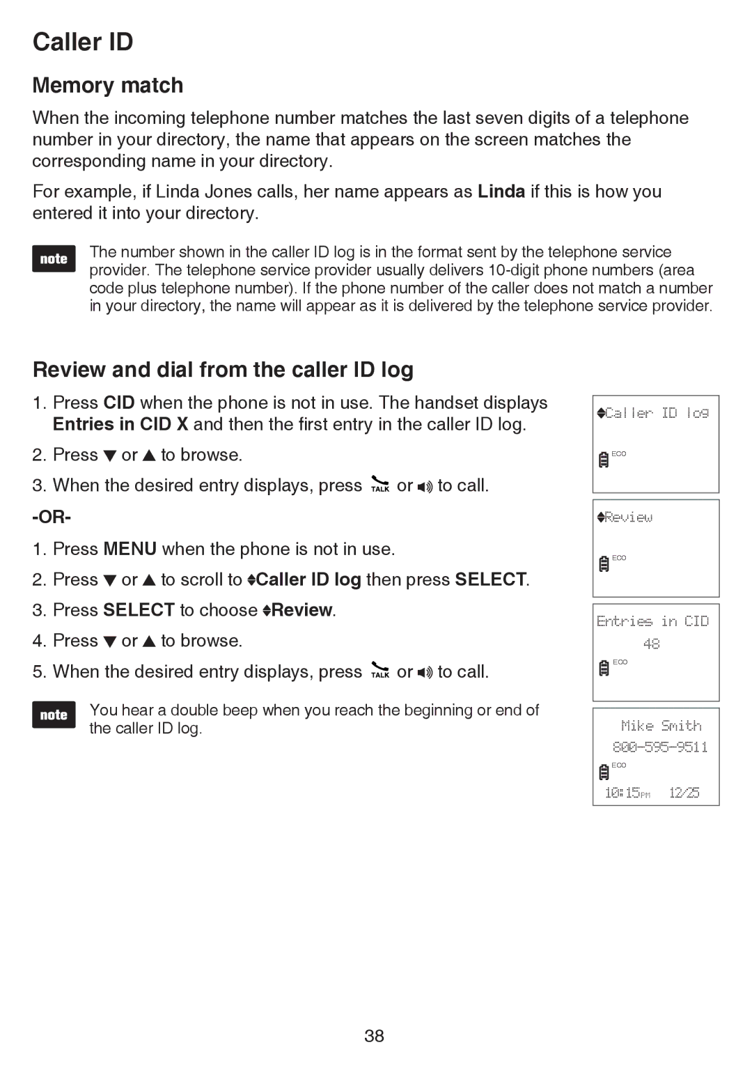 VTech CS6529-15, CS6529-4B, CS6529-3, CS6529-25, CS6529-17, CS6529-14 Memory match, Review and dial from the caller ID log 