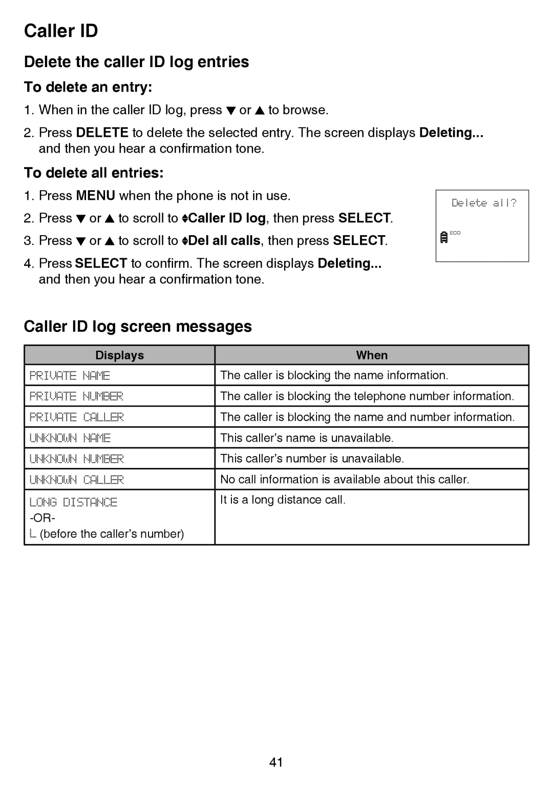 VTech CS6529-3 Delete the caller ID log entries, Caller ID log screen messages, To delete an entry, To delete all entries 