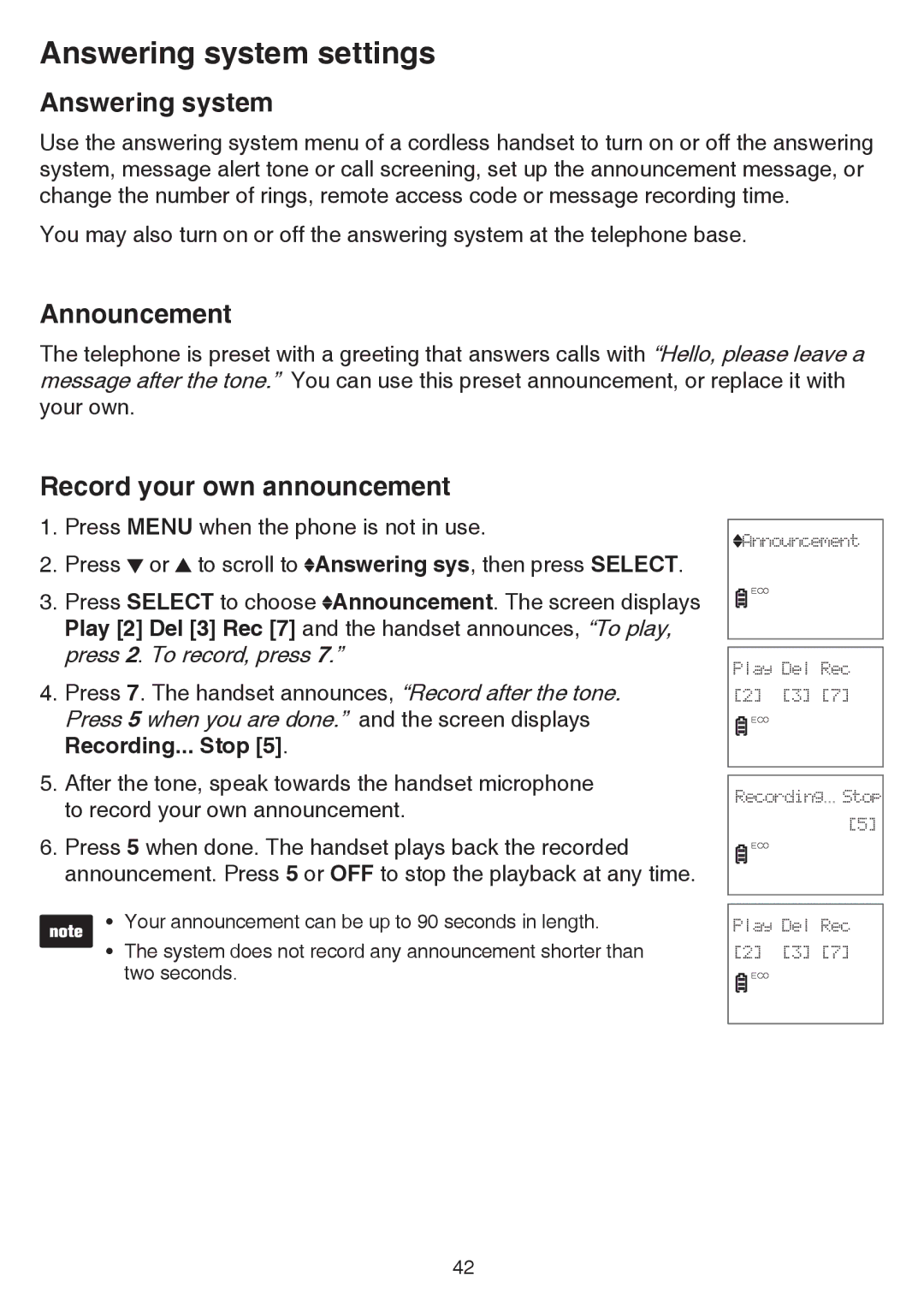 VTech CS6529-25, CS6529-4B, CS6529-3, CS6529-17 Answering system settings, Announcement, Record your own announcement 