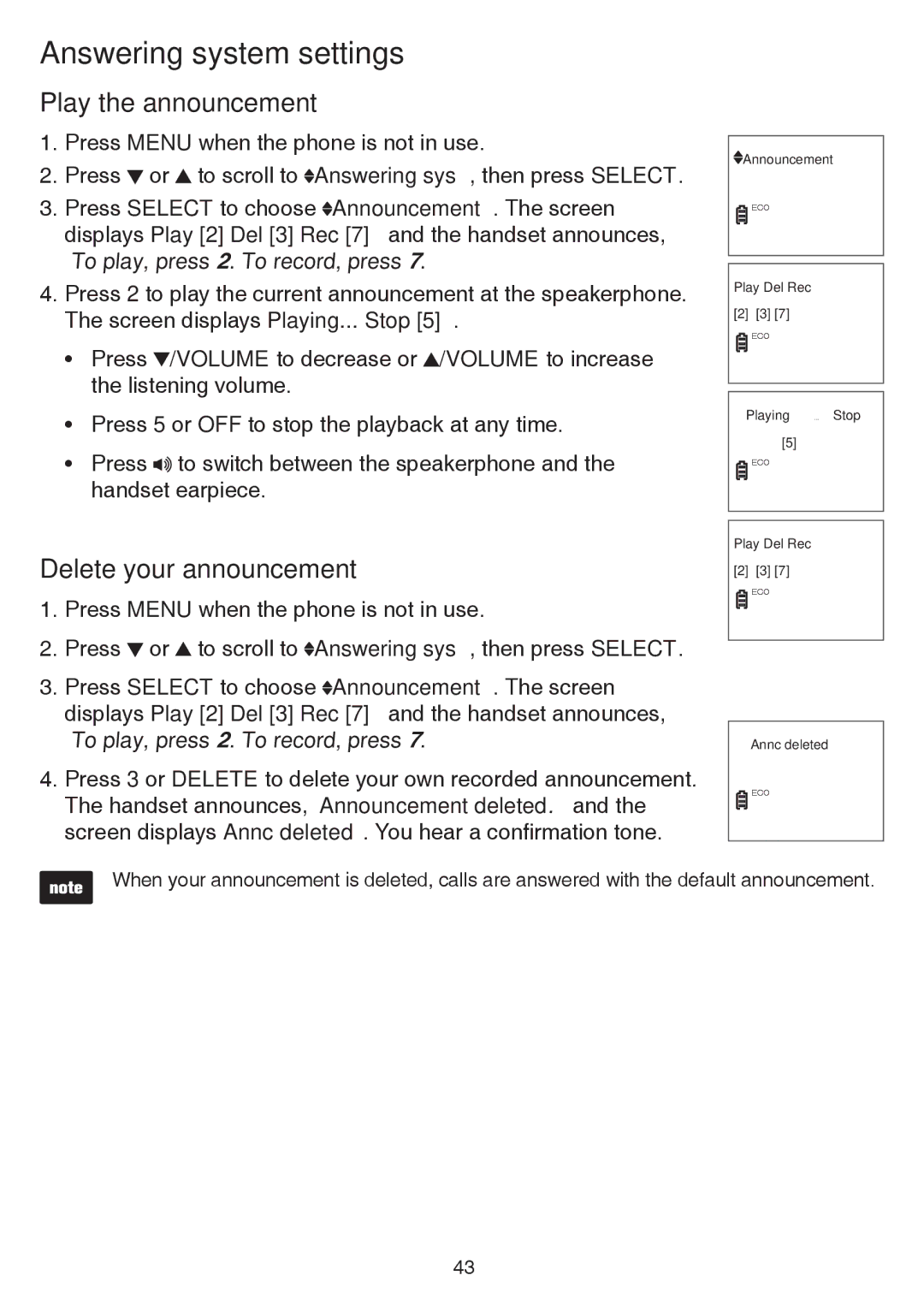 VTech CS6529-17, CS6529-4B, CS6529-3, CS6529-25, CS6529-14, CS6529-16 Play the announcement, Delete your announcement 